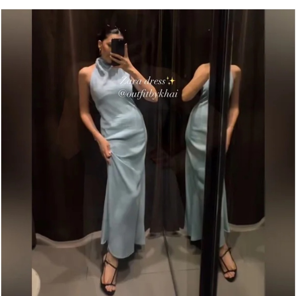 Zara Flowy Halter Dress Ipen Back S NWT Light Blue
